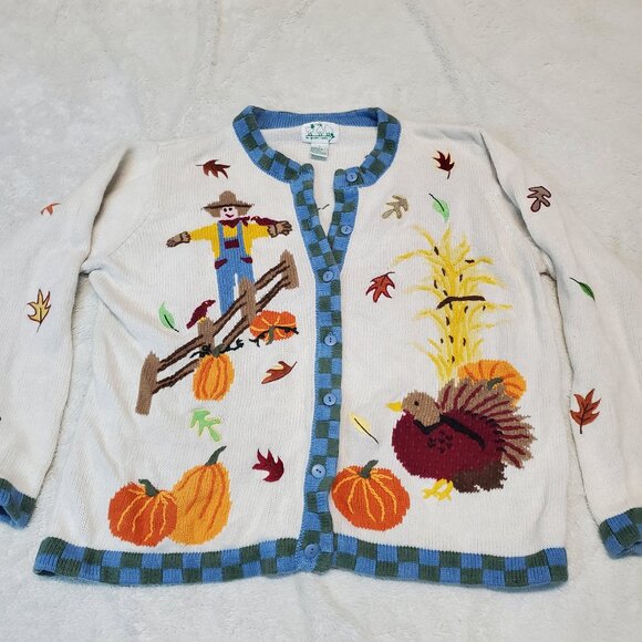 The Quacker Factory Sweaters - VTG The Quaker Factory White Blue Knit Autumn Leaves Cottage Sweater Cardigan L